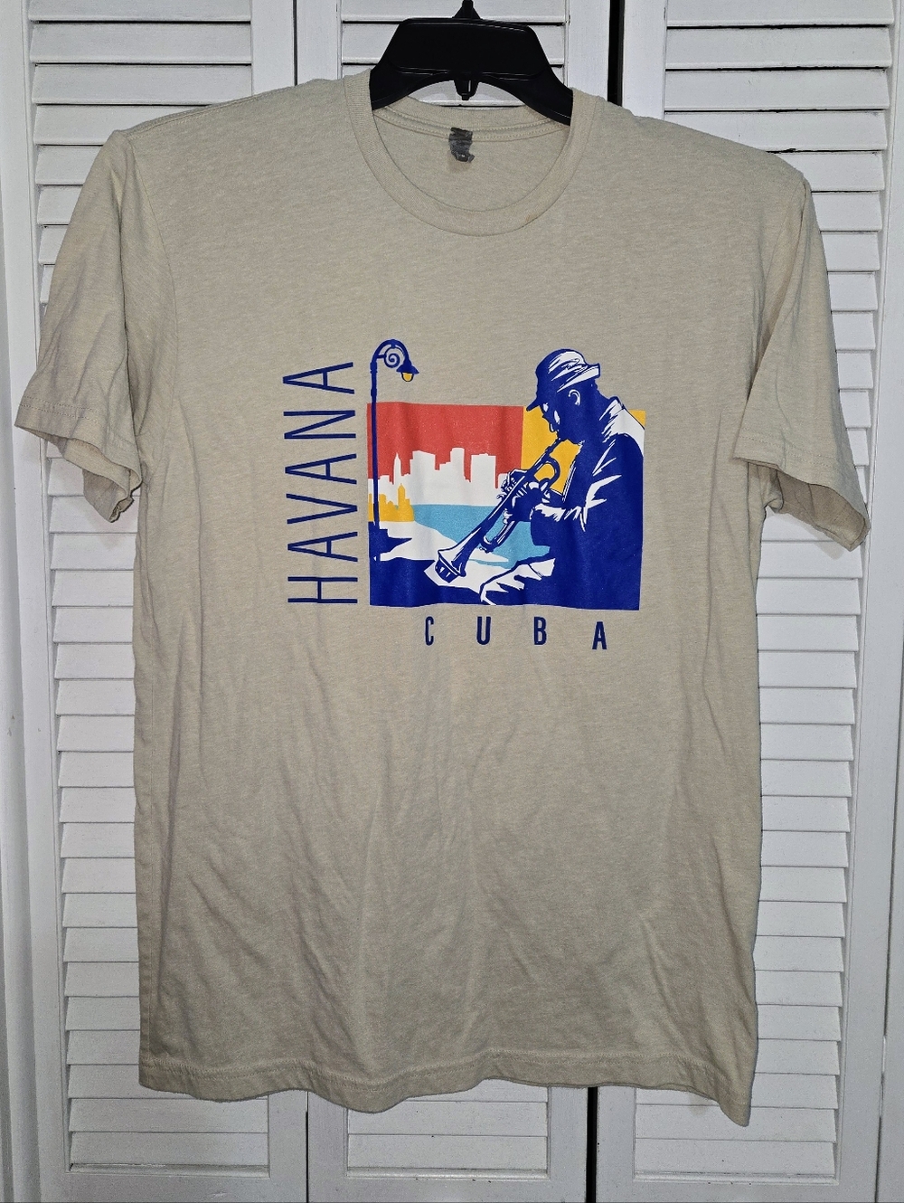 Next Level Apparel Men's M Havana Cuba Graphic Tee - Tan with Blue & Red Print